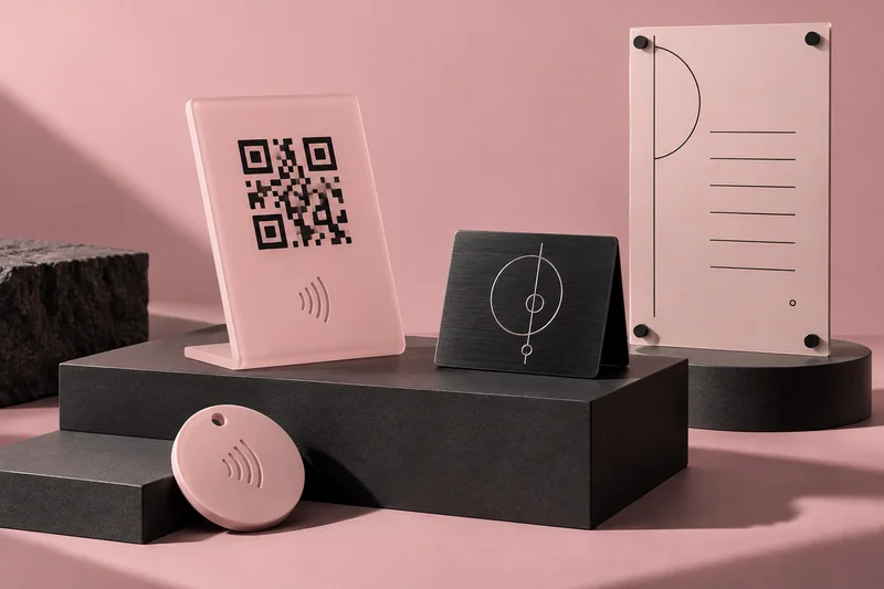 Εικαστική πρόταση για επιχειρήσεις: ροζ NFC stand, μεταλλική σήμανση και ακρυλικό μενού.
