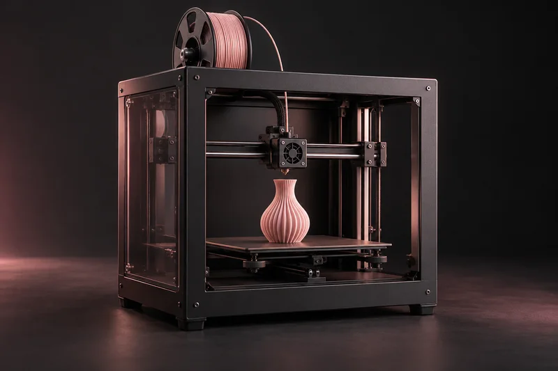 Εικαστική απεικόνιση 3D εκτυπωτή με ροζ βάζο στην επιφάνεια εκτύπωσης.
